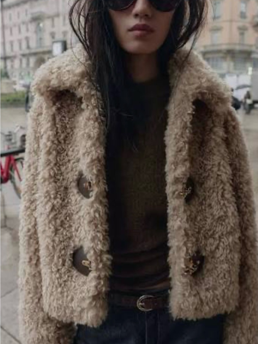 Zara Plush Teddy Button-Front Jacket in Light Brown